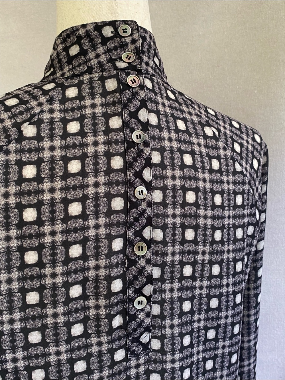 L.A.M.B. Geometric Drape Flap Collar Button Long Sleeve Blouse - Picture 8 of 11